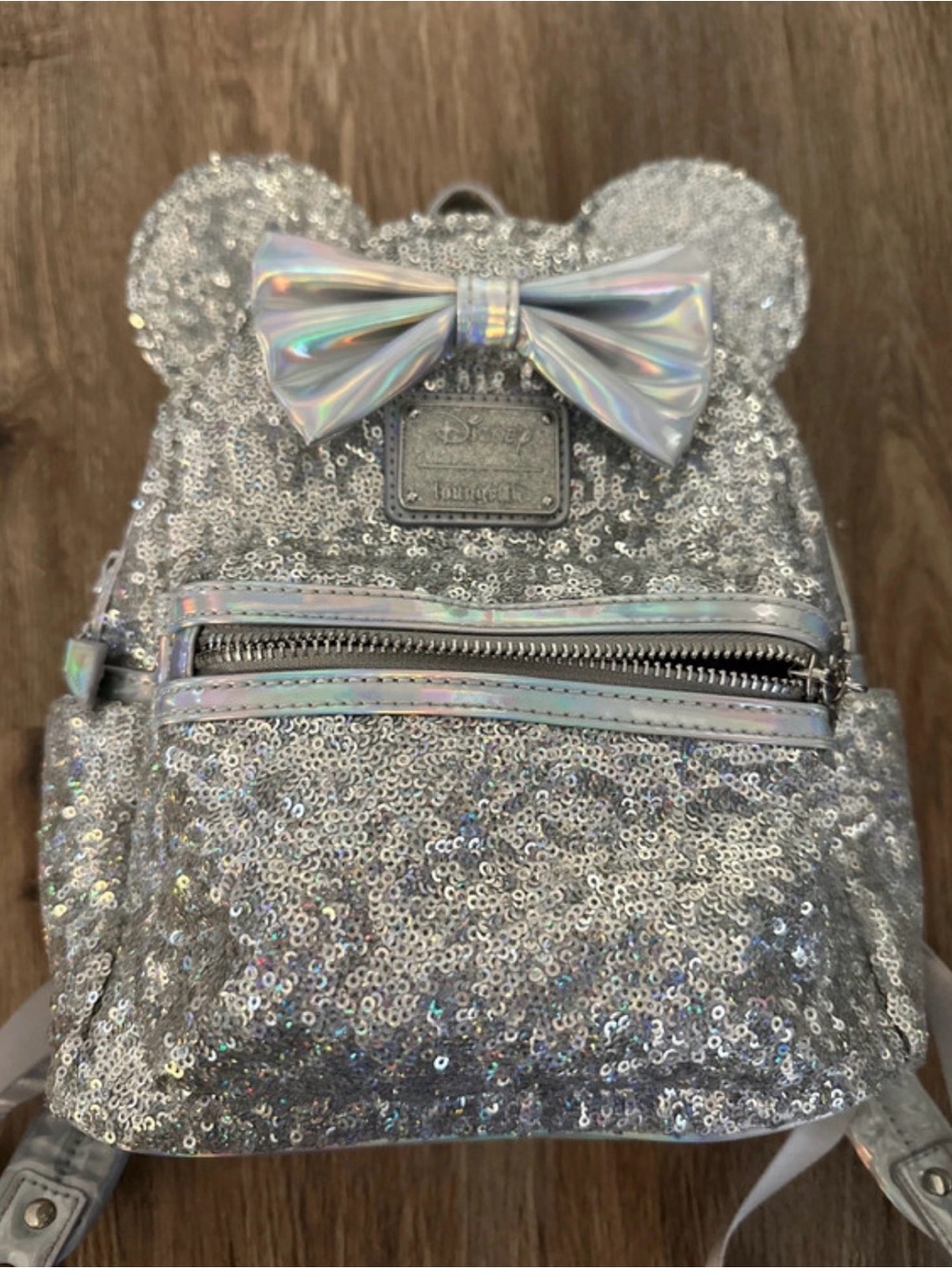 Loungefly Silver Sequin Mini Backpack with Holographic Bow